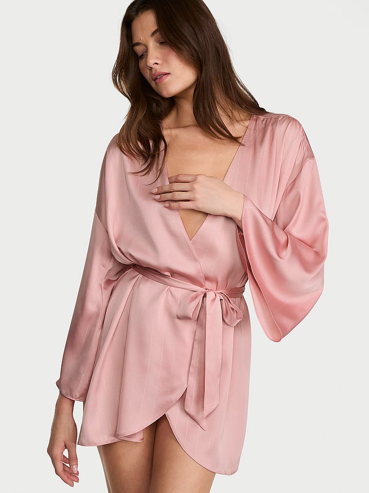 Victoria's Secret, Victoria's Secret Satin Short Robe, Chalk Rose, onModelFront, 1 of 2 Kennidy is 5'11" or 180cm and wears Small