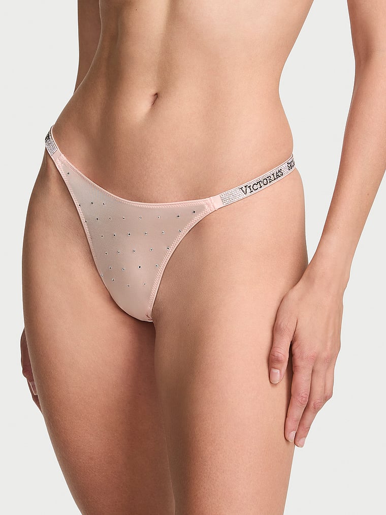 Victoria's Secret, Very Sexy Shine Strap Dot Thong Panty, Purest Pink, onModelFront, 1 of 4 Joy  is 5'10" or 178cm and wears Small