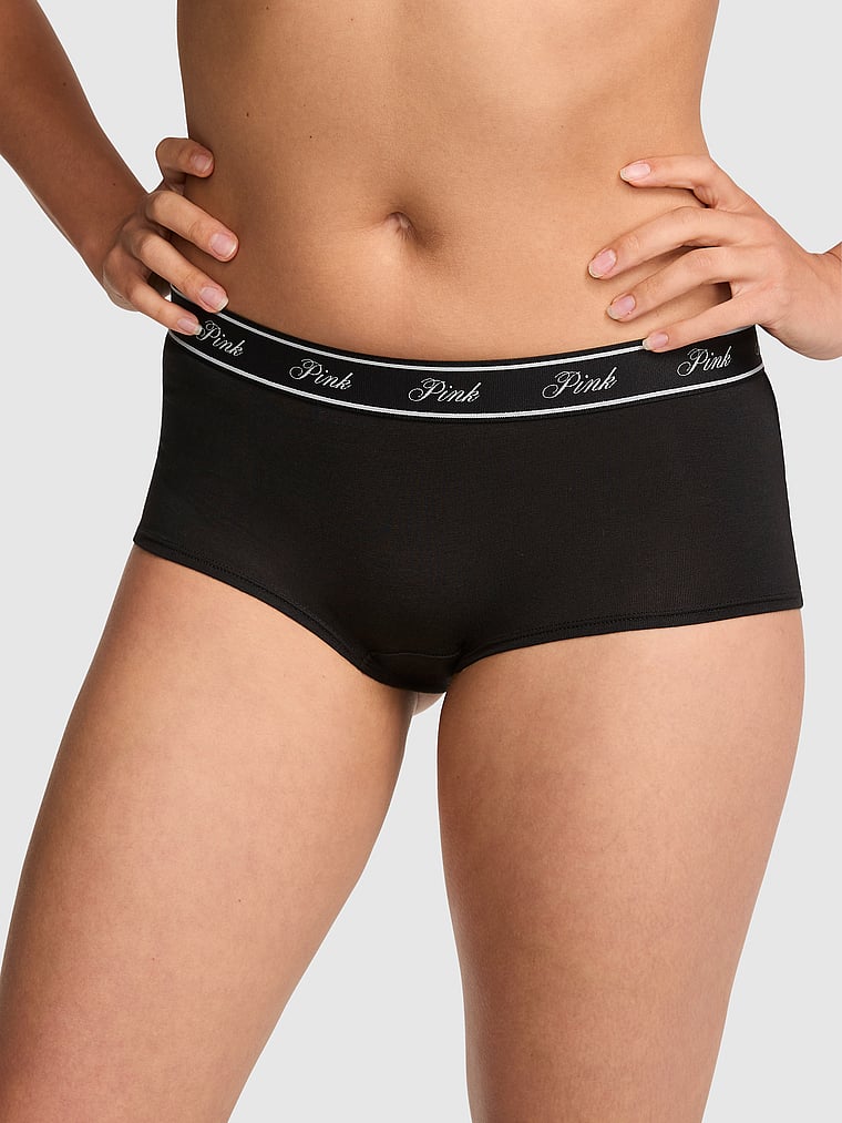 PINK Mesh Boyshort Panty, Black with Never in My Nine Lives Butt Graphic, onModelBack, 2 of 3 Isabella is 5'9" or 175cm and wears Medium