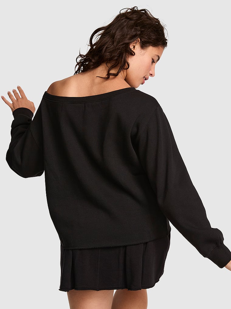 PINK Campus Fleece™ Rib Off-The-Shoulder Sweatshirt, Pure Black, onModelBack, 2 of 3 Isabella is 5'9" or 175cm and wears Medium