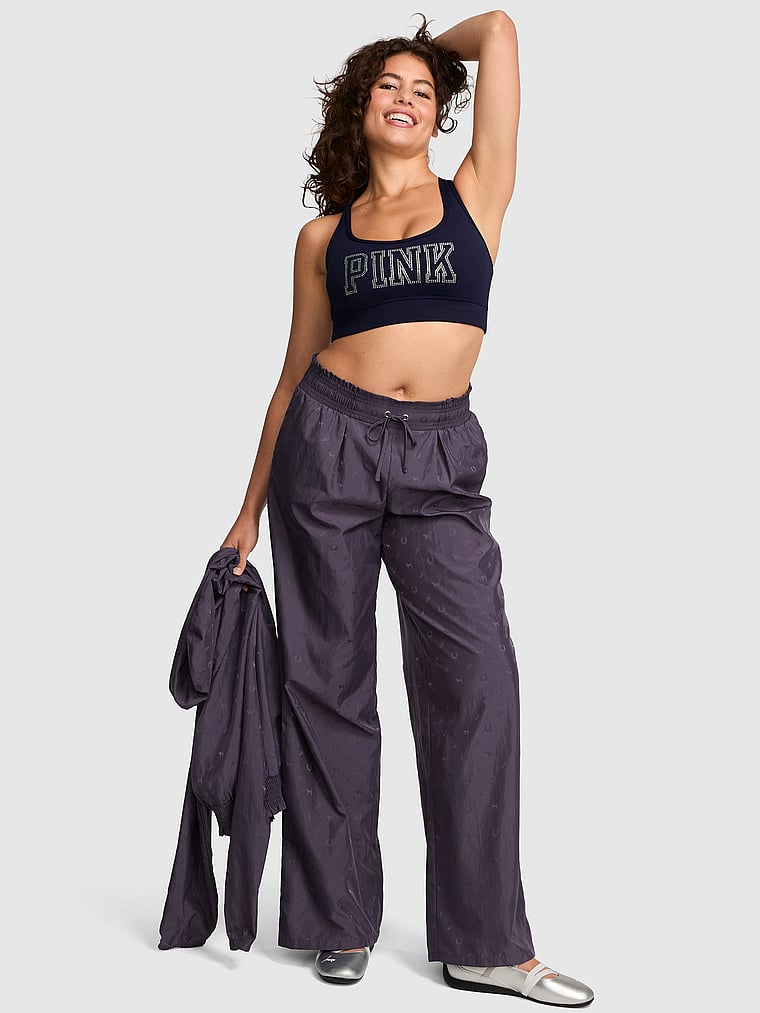 PINK Logo Jacquard Straight-Leg Pants, Twilight Grey, onModelFront, 1 of 4 Isabella is 5'9" or 175cm and wears Medium