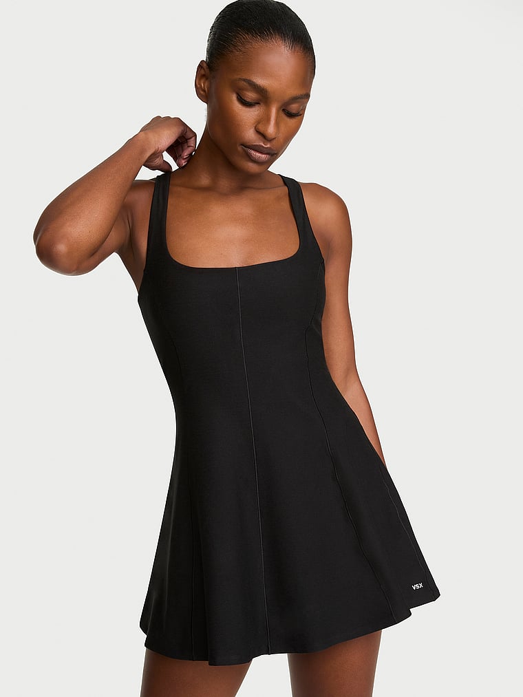Victoria's Secret, VSX VSX New Essential Square-Neck Flare Dress, Heather Black, onModelFront, 1 of 4 Tsheca  is 5'9" or 175cm and wears 34B or Small
