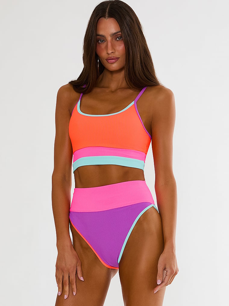 Victoria's Secret, Beach Riot Eva Bikini Top, Vibrant Volley Colorblock, onModelSide, 3 of 4