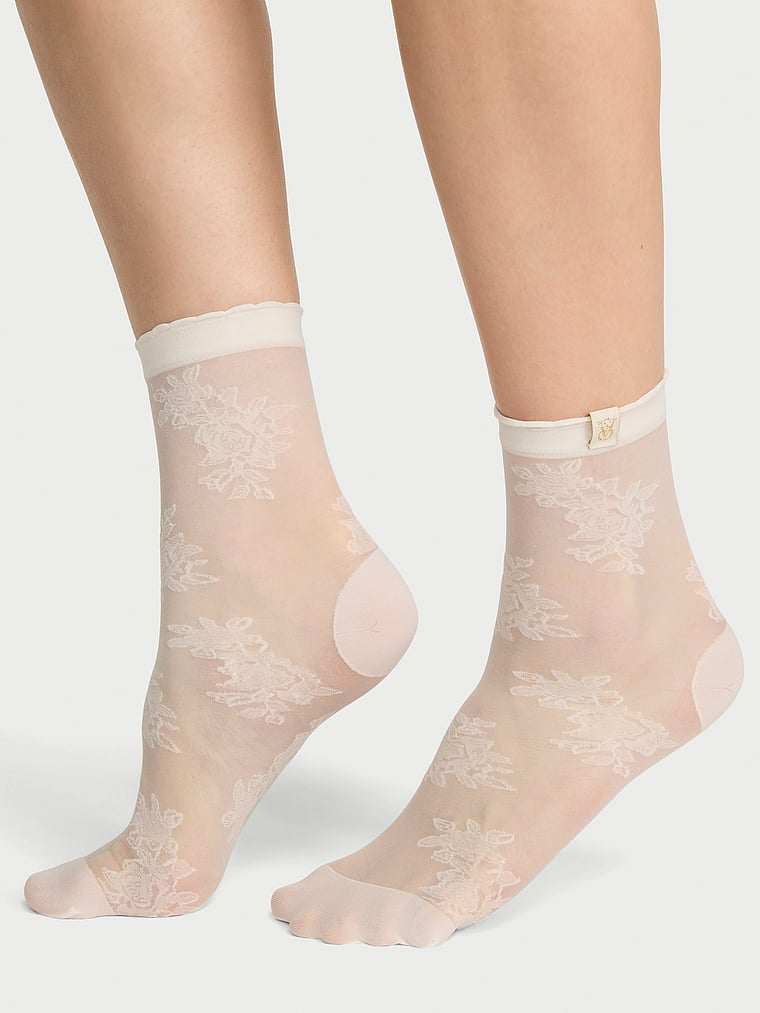Victoria's Secret, Victoria's Secret 2-Pack Sheer Crew Socks, Soft Ivory Dots Floral, onModelFront, 1 of 4