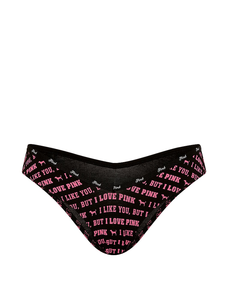 PINK Logo Cotton Tanga Panty, Black I Like You, But I Love Pink, offModelFront, 3 of 3
