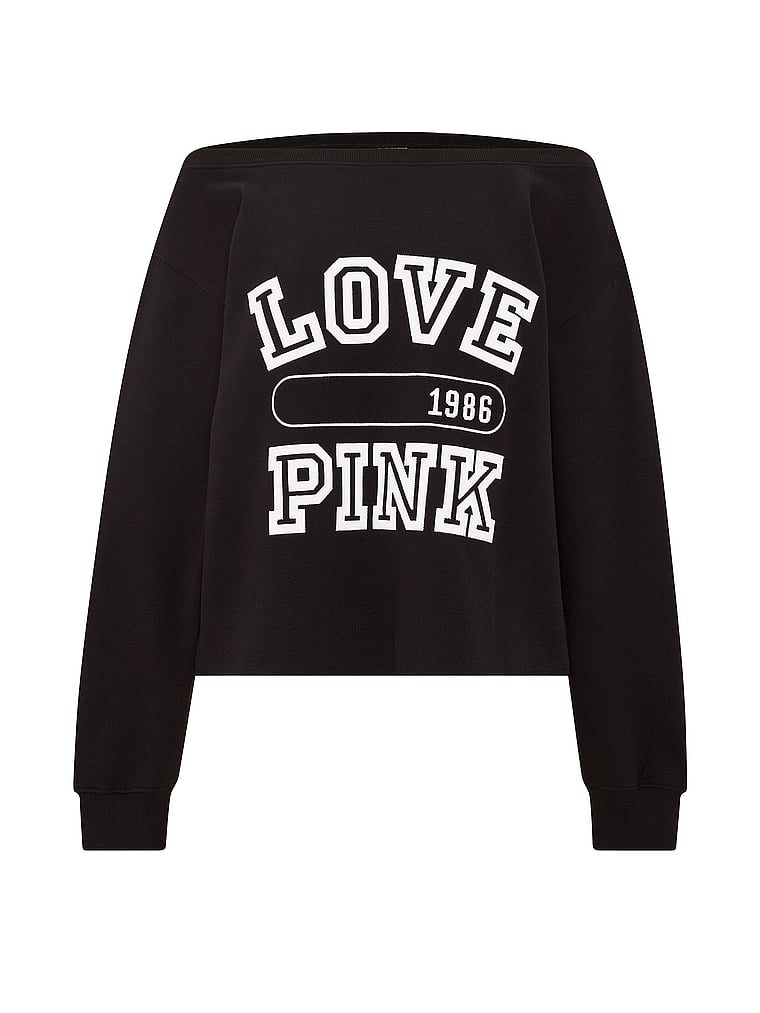 PINK Campus Fleece™ Rib Off-The-Shoulder Sweatshirt, Pure Black, offModelFront, 3 of 3