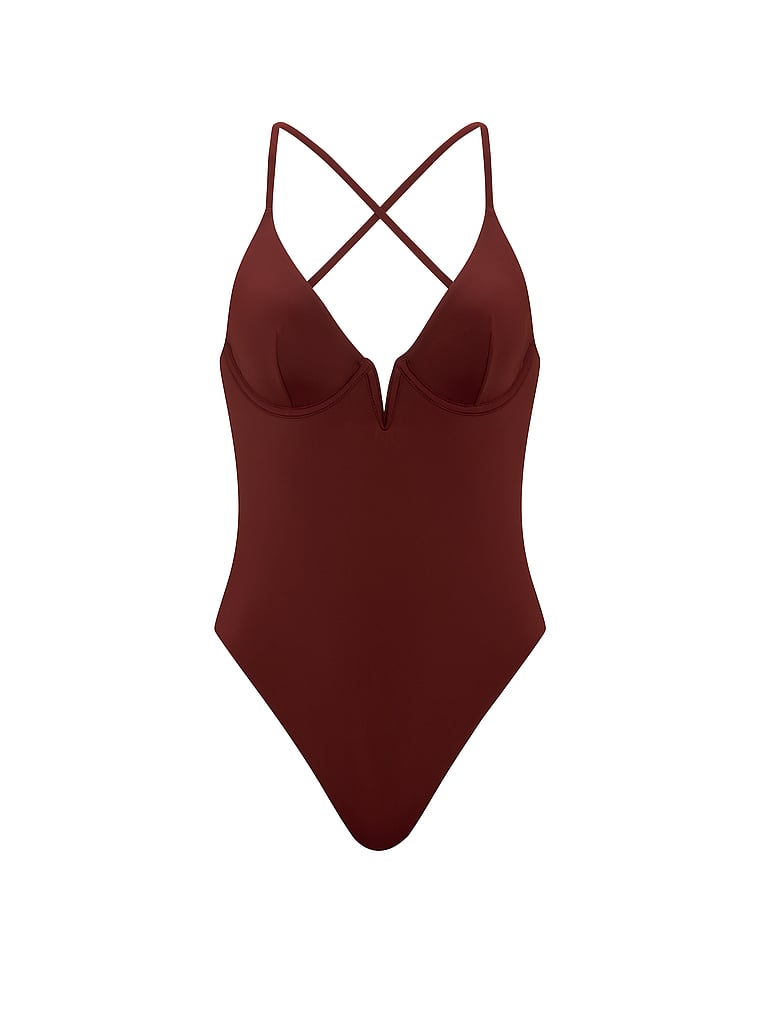 Victoria's Secret, Victoria's Secret Swim V-Wire Plunge Cheeky One-Piece Swimsuit, Dark Chili, offModelFront, 3 of 3