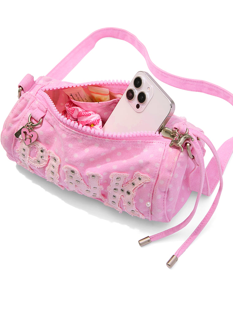 PINK Canvas Rolled Duffle Shoulder Bag, Classic Pink Dot, detail, 4 of 4