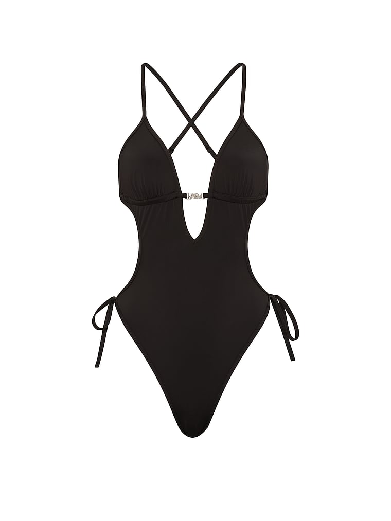 PINK SWIM Plunge Monokini Swimsuit, Black, offModelFront, 3 of 3