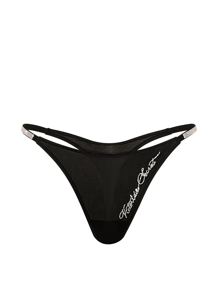 Victoria's Secret, Very Sexy Shine Script Thong Panty, Black, offModelFront, 3 of 4