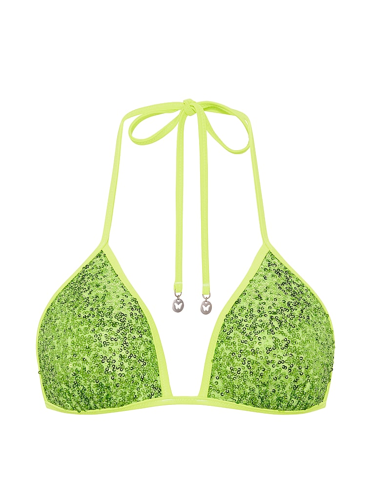 PINK | Elle PINK | Elle Sequin Triangle String Bikini Top, Sour Apple, offModelFront, 4 of 5