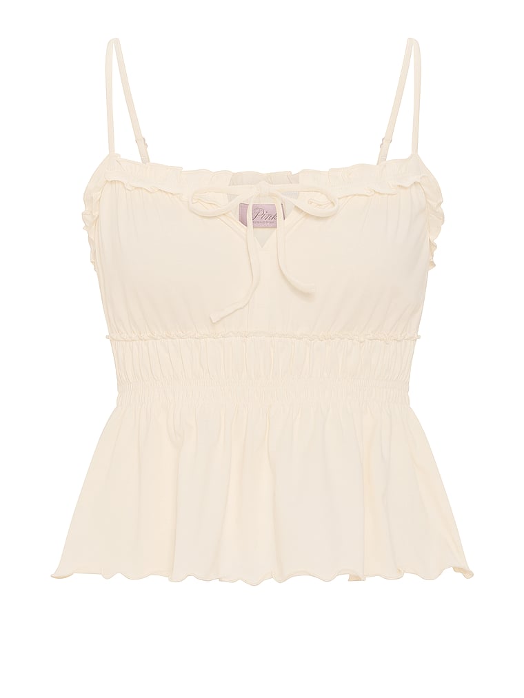 PINK Ruched Ruffle Cami, Winter White, offModelFront, 3 of 3