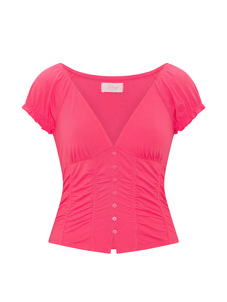 Ruched Plunge Button-Up Top