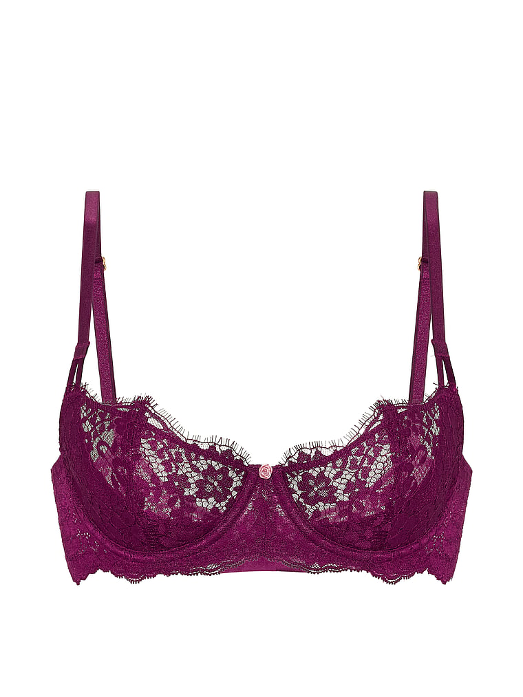 Victoria's Secret, Dream Angels Wicked Unlined Rosette Reverie Embroidery Peekaboo Bra, Rhubarb, offModelFront, 4 of 5