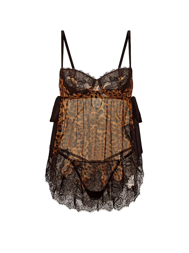 Victoria's Secret, Very Sexy Wicked Sheer Unlined Lace-Trim Babydoll Set, Leopard, offModelFront, 3 of 3