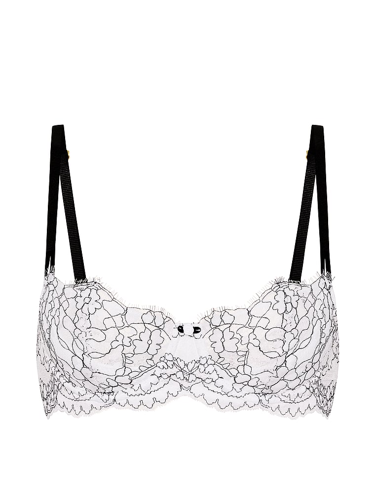 Victoria's Secret, Dream Angels Satin Peekaboo Bow Balconette Bra, VS White & Black, offModelFront, 4 of 5