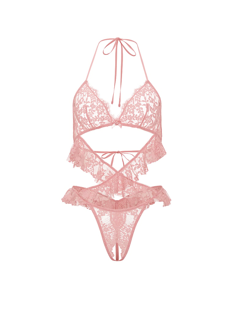 Victoria's Secret, Dream Angels Lace Flutter Halter Peekaboo Teddy, Chalk Rose, offModelFront, 4 of 4