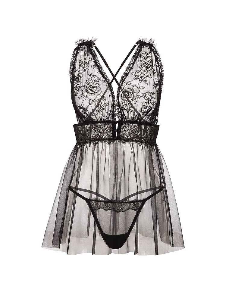 Victoria's Secret, Very Sexy Rose Lace Plunge Babydoll Set, Black, offModelFront, 3 of 3