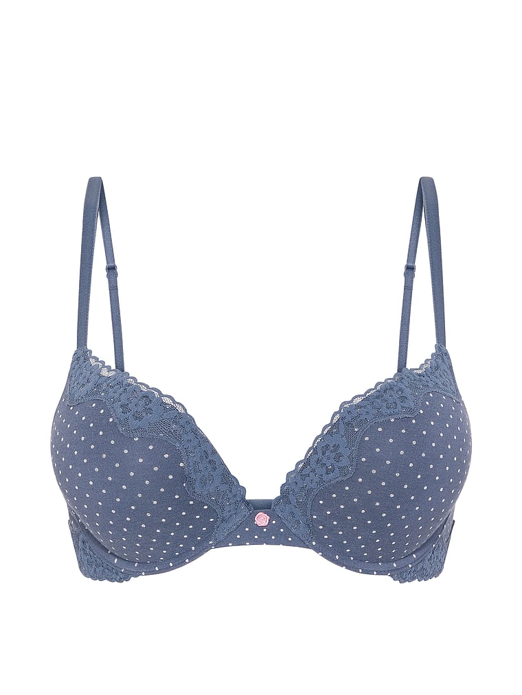 Victoria's Secret, The T-shirt Bombshell Add-2-Cups Cotton Exploded Logo Push-Up Bra, Bluestream Dots, offModelFront, 3 of 3