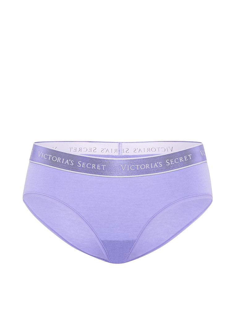 Victoria's Secret, Cotton Logo Cotton Embroidered Hiphugger Panty, Periwinkle, offModelFront, 3 of 3