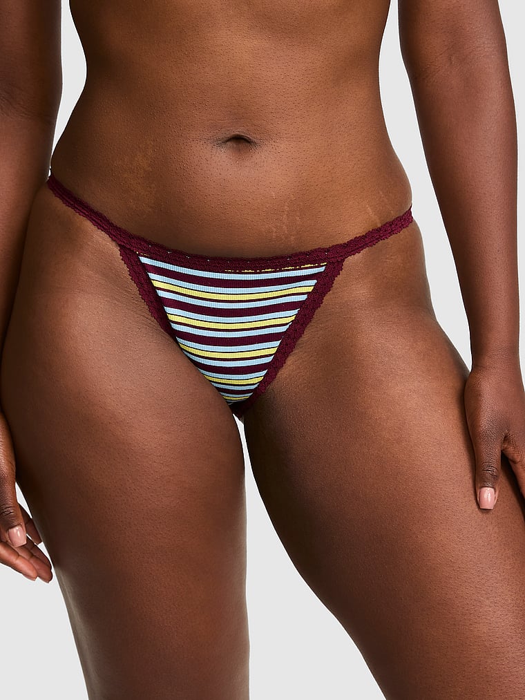 PINK PINK Wink™ Lace-Trim String Bikini Panty, Wild Rose Stripe, onModelFront, 1 of 4 Fanta is 5'11" or 180cm and wears Large