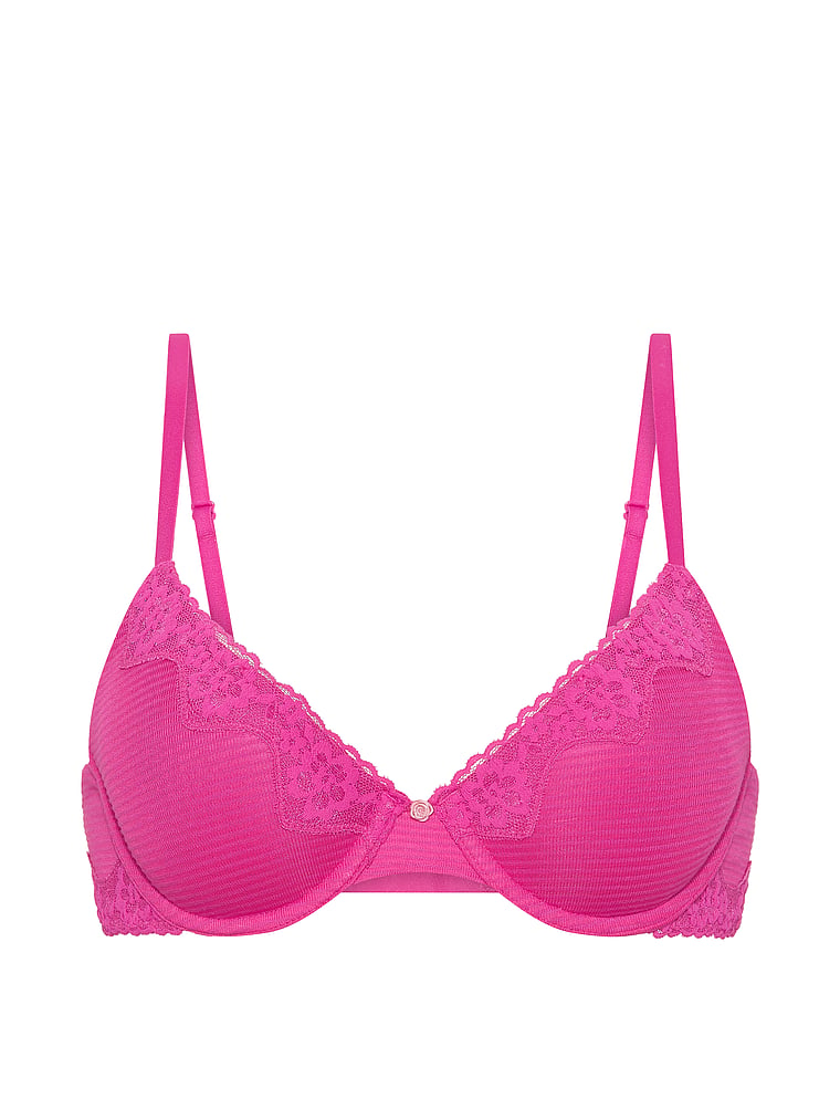 Victoria's Secret, The T-shirt Signature Shine Cotton Lightly Lined Demi Bra, Pink Fire, offModelFront, 3 of 3