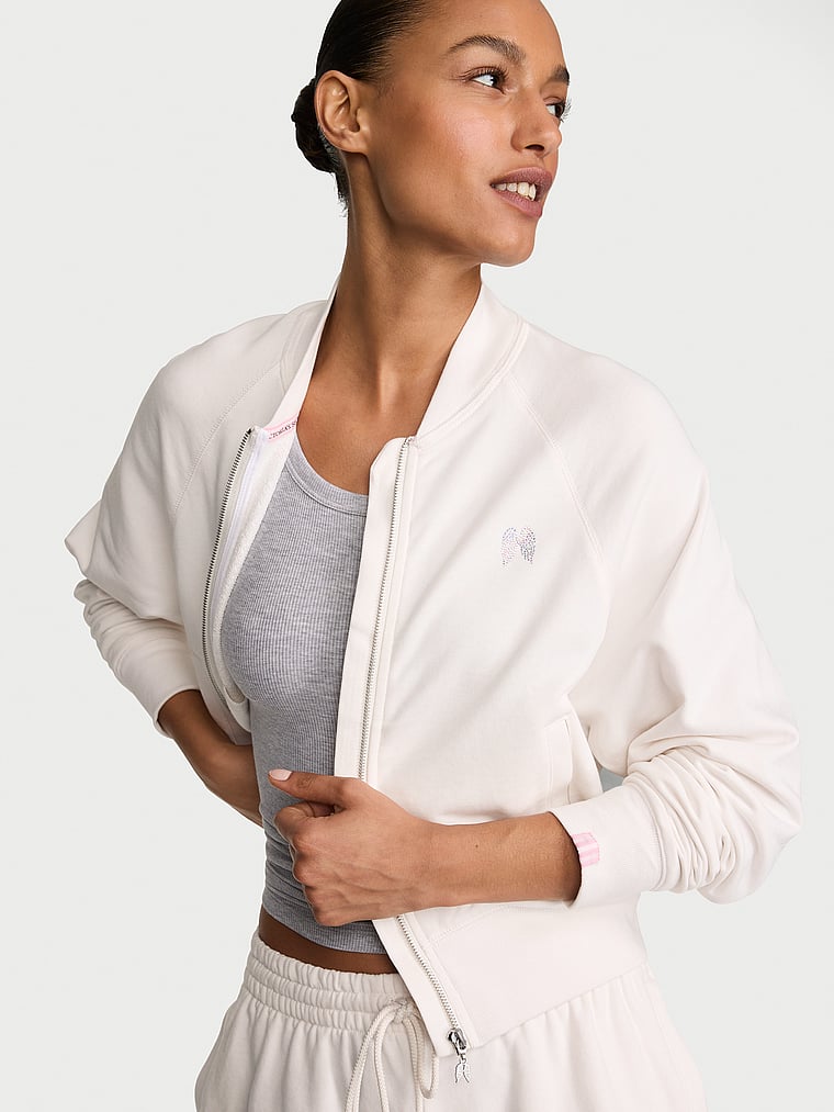 Victoria's Secret, Angel Essentials Off-Duty Terry Bomber Jacket, Coconut White, onModelFront, 1 of 3 Nikita is 5'10" and wears Small