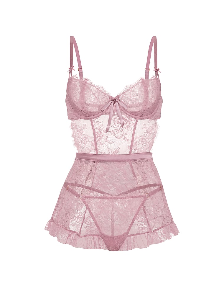 Victoria's Secret, Victoria's Secret Wicked Unlined Rose Lace Apron Set, Dusk Rose, offModelFront, 3 of 3