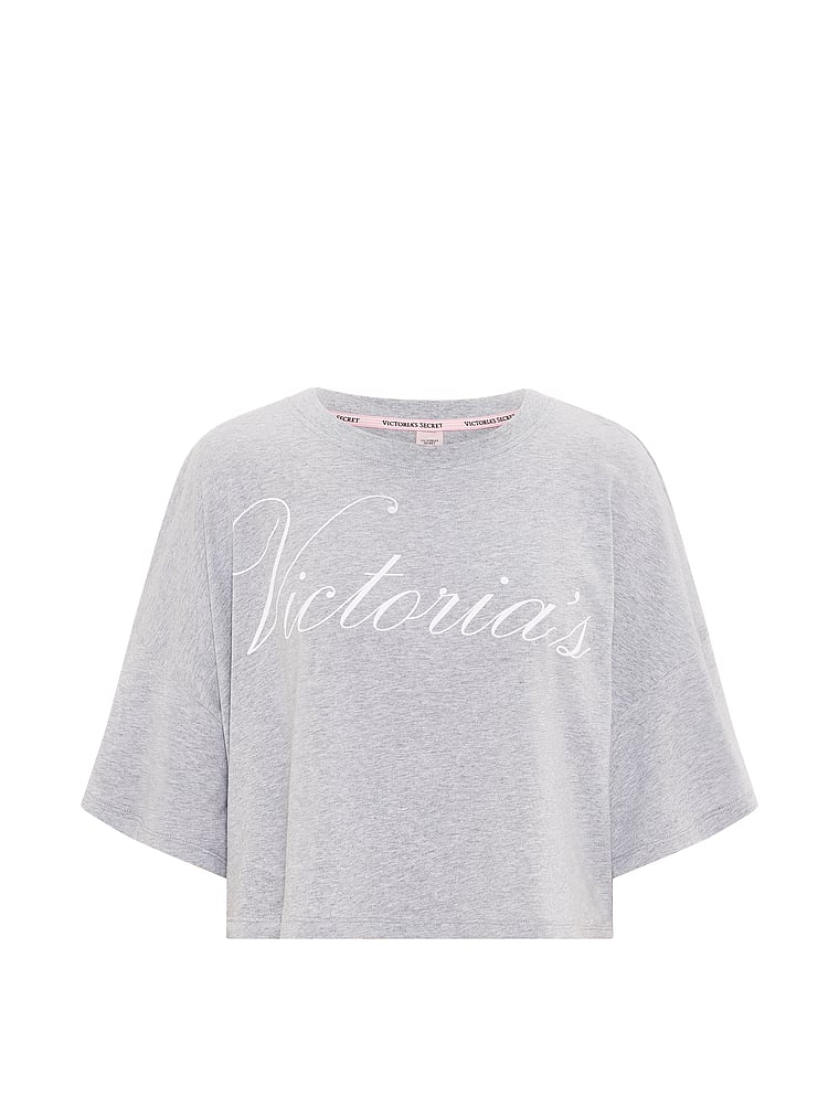Victoria's Secret, Angel Essentials 100% Cotton Oversized Crop Tee, Medium Heather Grey, offModelFront, 3 of 3