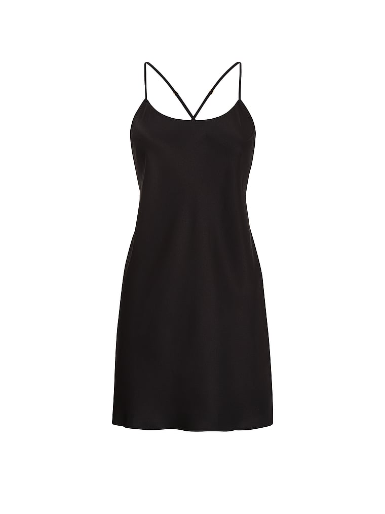 Victoria's Secret, Victoria's Secret Satin Open-Back Slip Dress, Black, offModelFront, 3 of 3