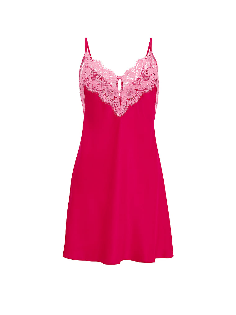 Victoria's Secret, Dream Angels Satin Lace-Trim Short Slip Dress, Vibrant Fuschia, offModelFront, 3 of 3