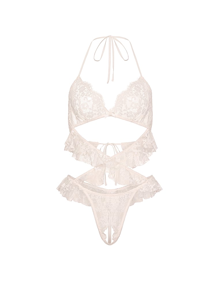 Victoria's Secret, Dream Angels Lace Flutter Halter Peekaboo Teddy, Coconut White, offModelFront, 3 of 3