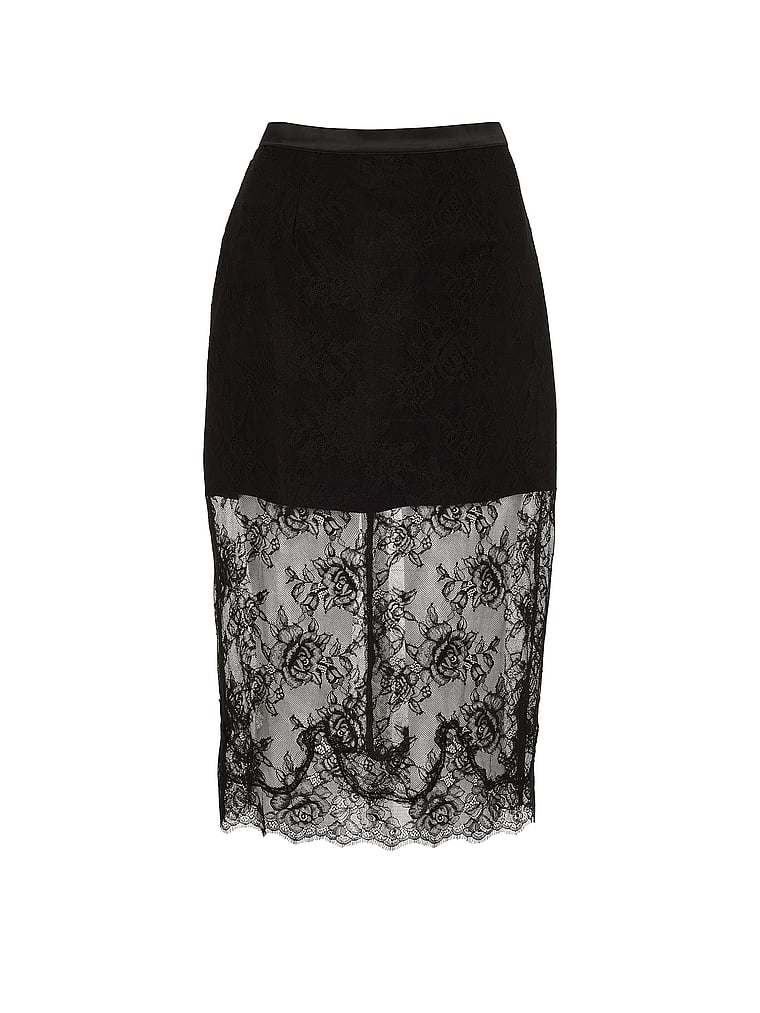 Victoria's Secret, Very Sexy Rose Lace Midi Skirt, Black, offModelFront, 4 of 4
