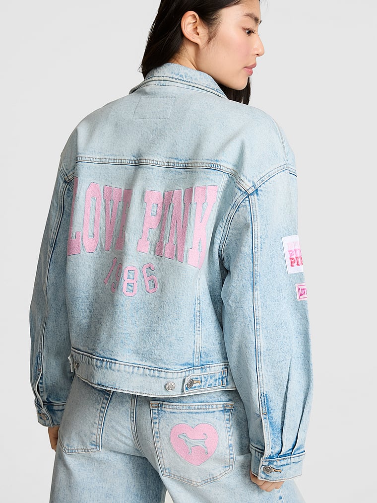 PINK Denim by PINK Boyfriend Trucker Jacket, Light Wash, offModelBack, 5 of 5