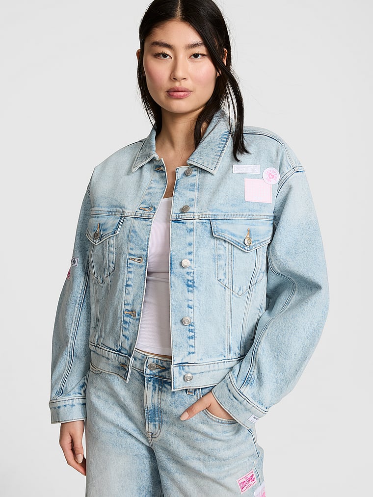 PINK Denim by PINK Boyfriend Trucker Jacket, Light Wash, onModelSide, 3 of 5