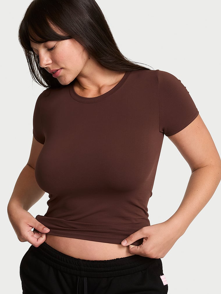 Victoria's Secret, Victoria's Secret Smooth Seamless Tee, Ganache, onModelFront, 1 of 3