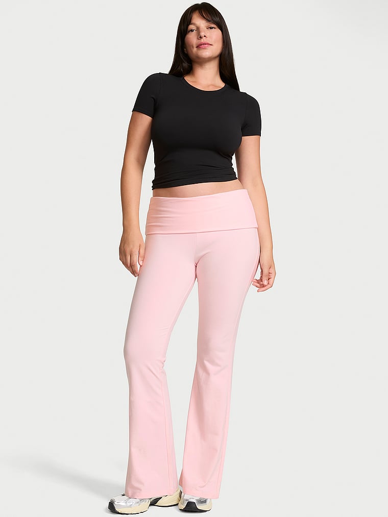 Victoria's Secret, Angel Essentials Cotton Foldover Flare Legging, Angel Pink, onModelFront, 1 of 5