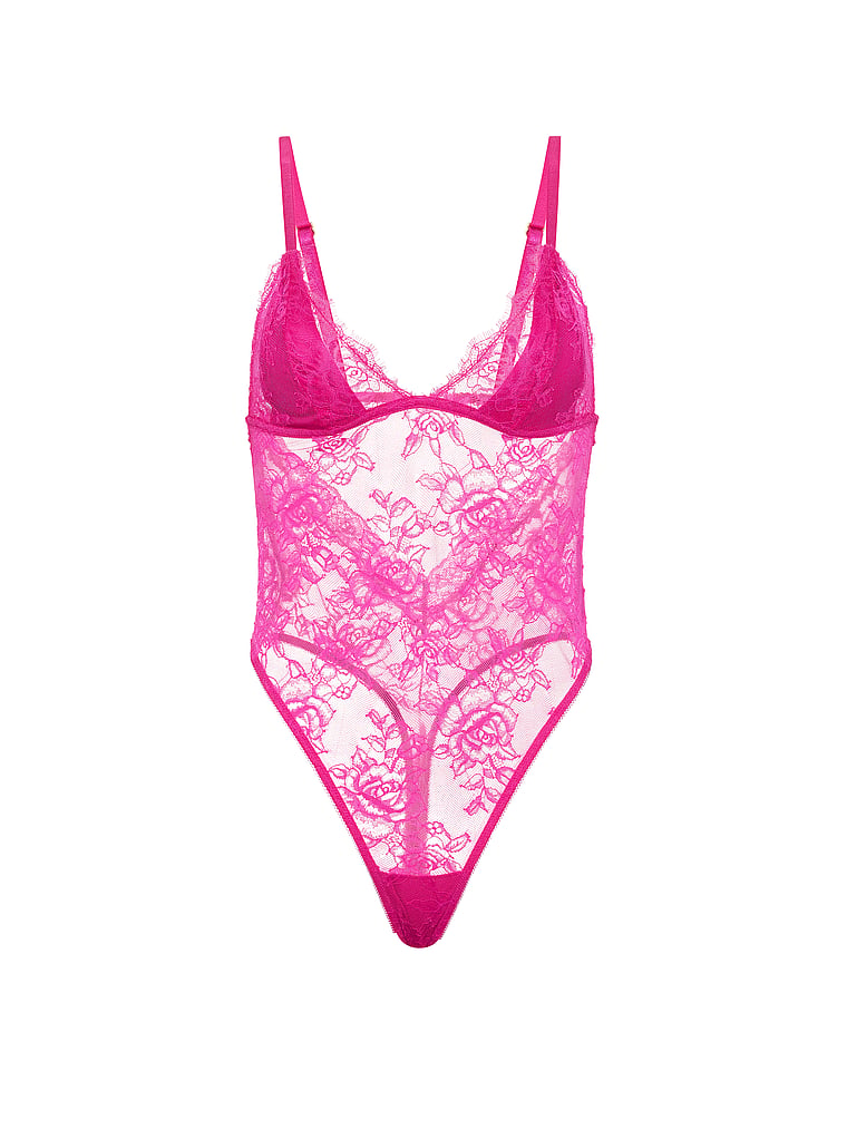 Victoria's Secret, Very Sexy Rose Lace Triangle Bodysuit, Pink Fire, offModelFront, 4 of 4