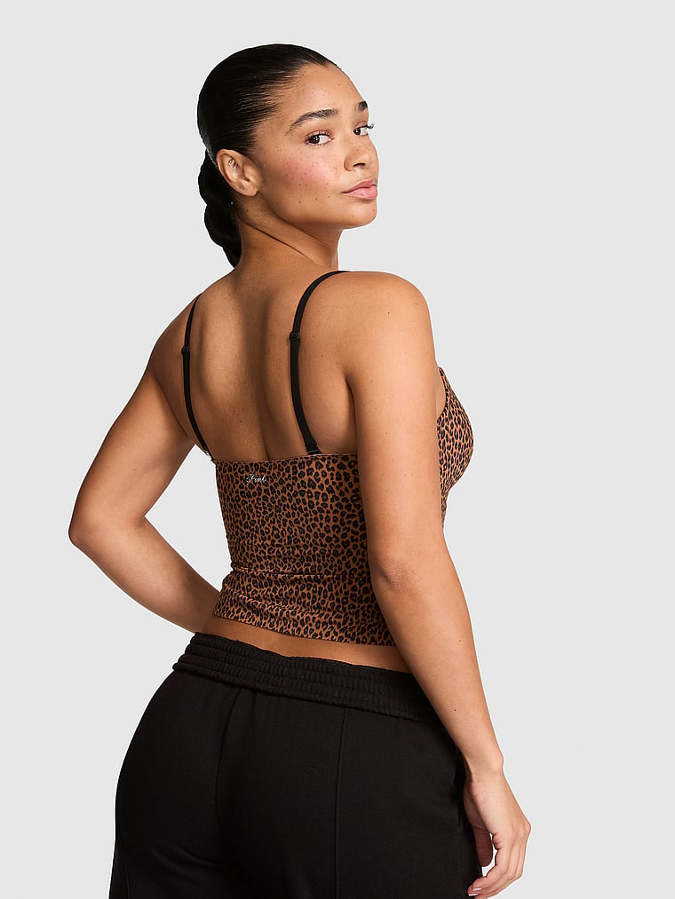 PINK Marshmallow Lightly Lined Wireless Comfy Cami, Caramel Leopard, onModelBack, 2 of 3