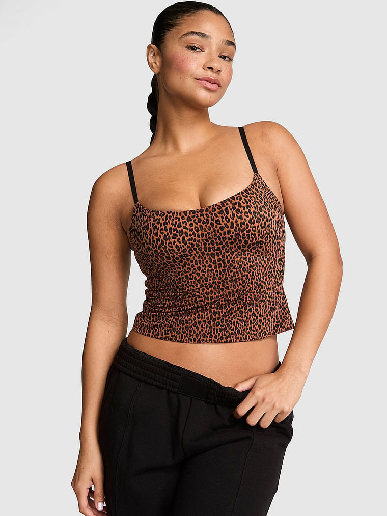 PINK Marshmallow Lightly Lined Wireless Comfy Cami, Caramel Leopard, onModelFront, 1 of 3