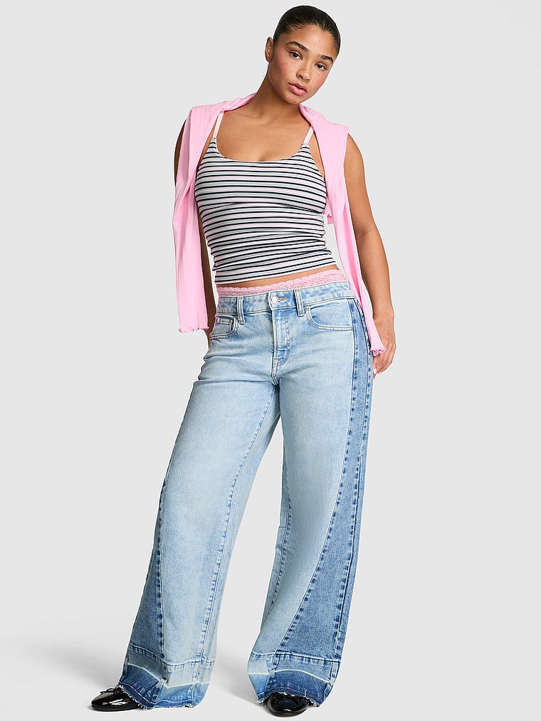 PINK Denim by PINK Mid-Rise Baggy Wide-Leg Jeans, Light Wash Panel, onModelFront, 1 of 3