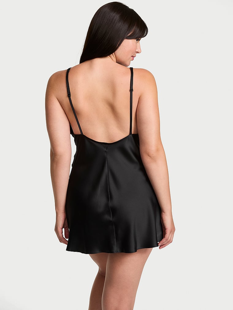 Victoria's Secret, Very Sexy Shine Script Satin Mini Slip Dress, Black, onModelSide, 3 of 4