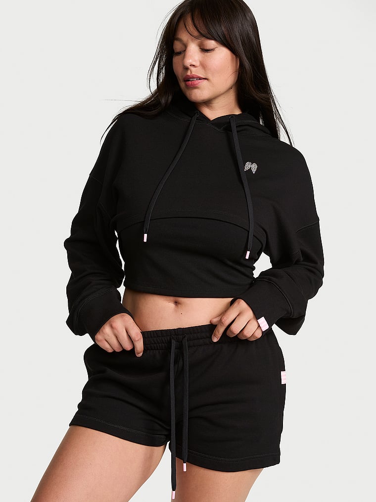 Victoria's Secret, Angel Essentials Off-Duty Terry Hoodie Shrug, Black, onModelSide, 3 of 4