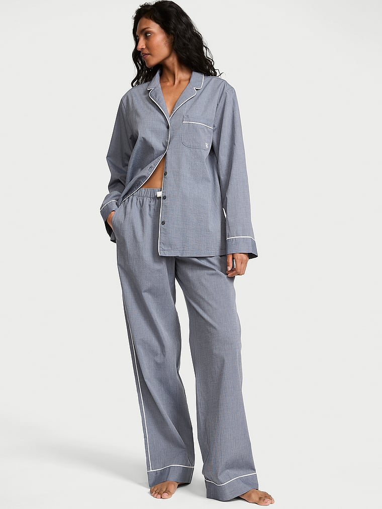 Victoria's Secret, Victoria's Secret 100% Cotton Heritage Cotton Long Pajama Set, Monaco Blue, onModelFront, 1 of 4 Shaanti is 5'9" or 175cm and wears S/Regular