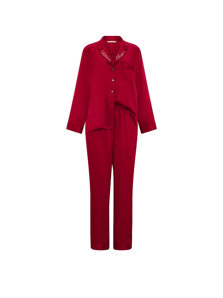 Victoria's Secret, Victoria's Secret Signature Satin Long Pajama Set, Red Lacquer, offModelFront, 3 of 4