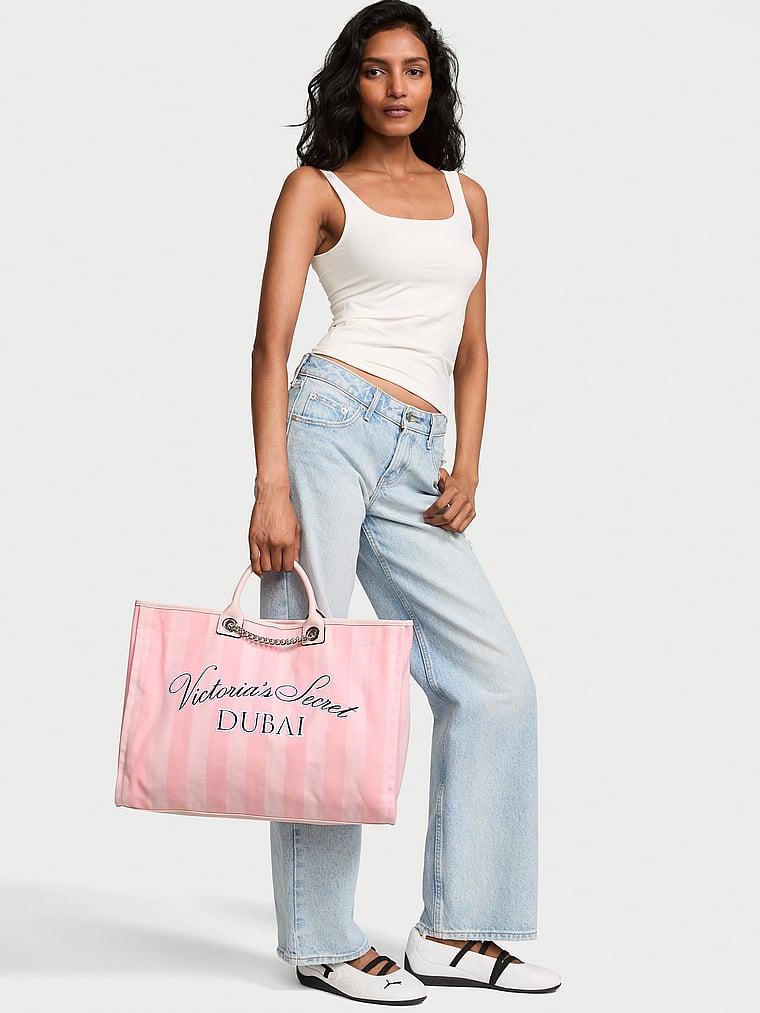 Victoria's Secret, Victoria's Secret City Exclusive Tote Bag, Heritage Stripe Dubai, offModelFront, 1 of 4