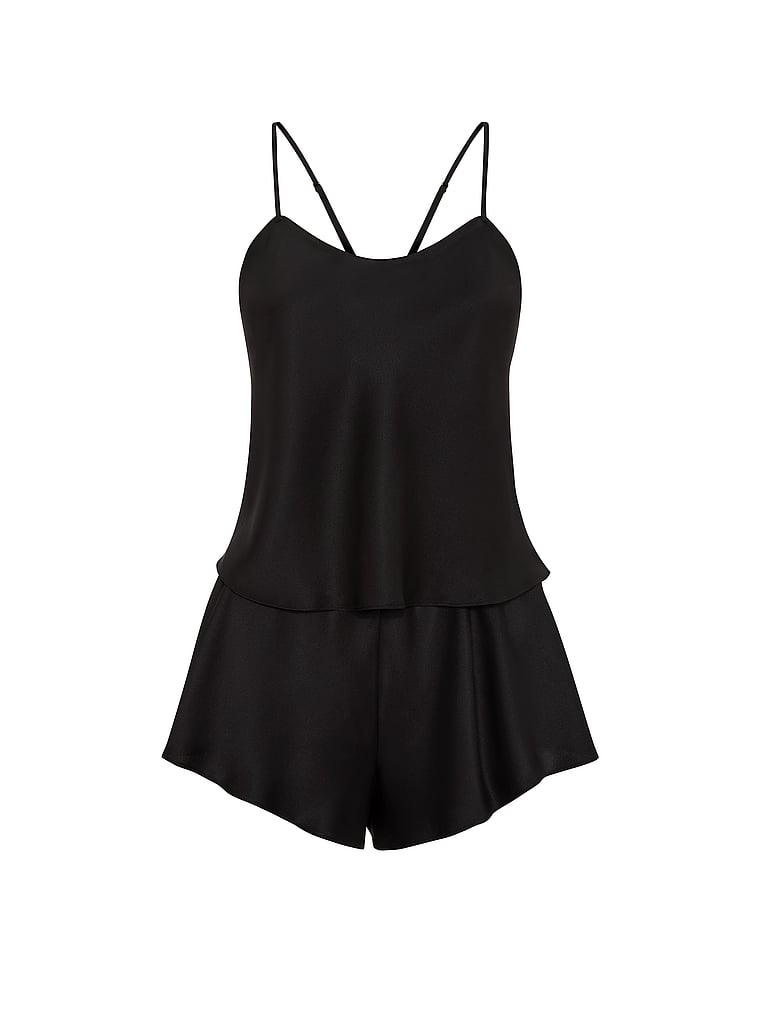 Victoria's Secret, Victoria's Secret Satin Open-Back Cami & Shorts Set, Black, offModelFront, 3 of 3
