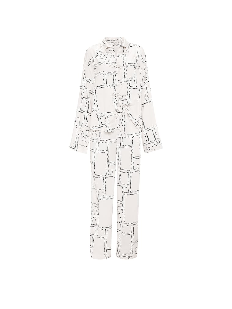 Victoria's Secret, Victoria's Secret Modal-Cotton Tie-Front Long Pajama Set, Coconut White Logo, offModelFront, 3 of 4