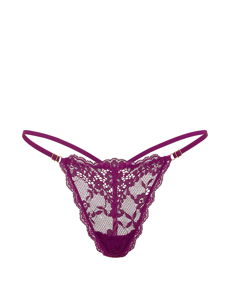 Victoria's Secret, Dream Angels Ribbon Slot Mesh V-String Panty, Rhubarb, offModelFront, 3 of 3