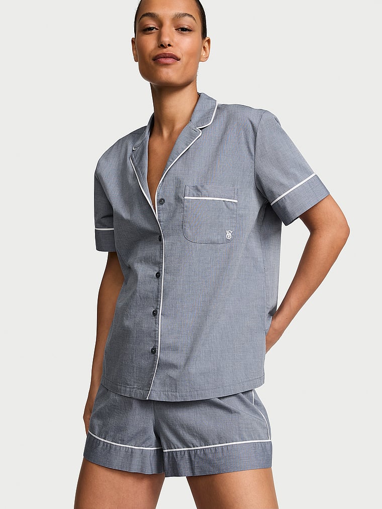 Victoria's Secret, Victoria's Secret Heritage Cotton Short Pajama Set, Monaco Blue, onModelFront, 1 of 4 Nikita  is 5'10" or 178cm and wears S/Long